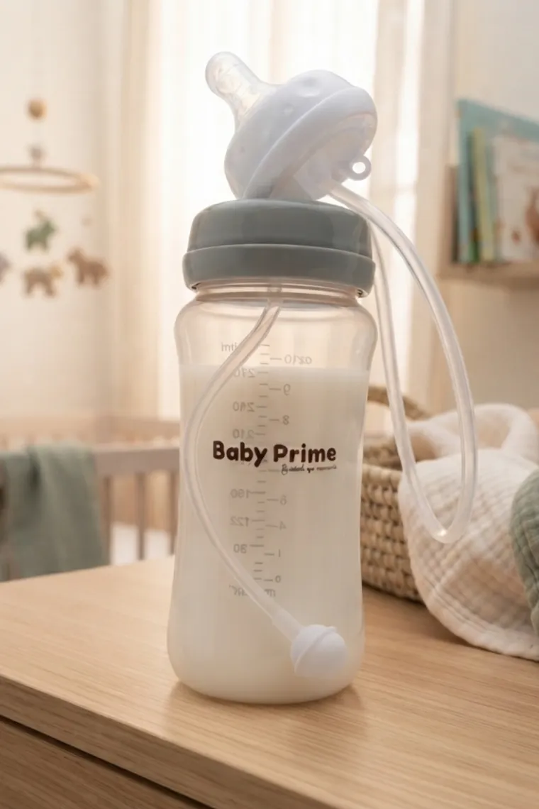 Biberón Baby Prime en modo manos libres con manguera y tetina