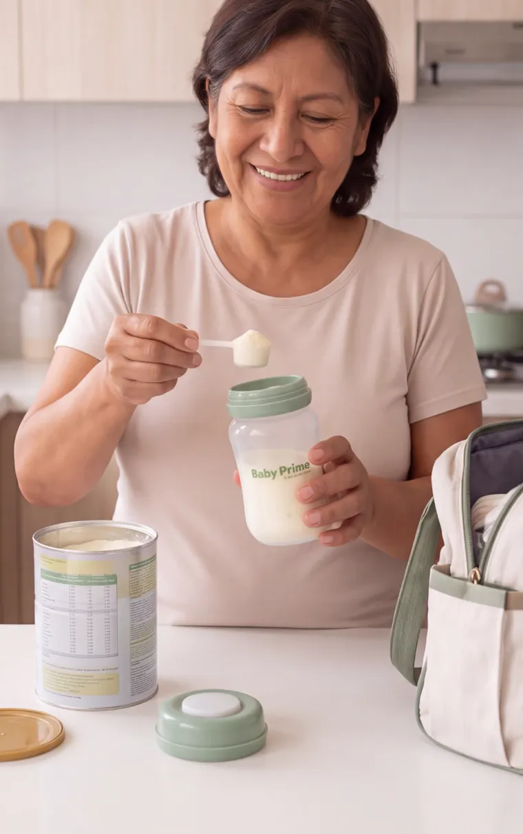 Abuela midiendo la fórmula en polvo dentro del biberón Baby Prime antes de salir