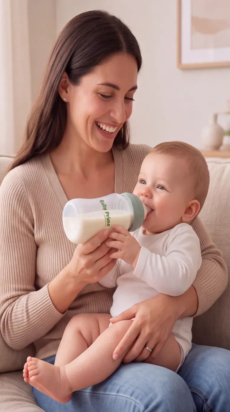 Mamá dando el biberón Baby Prime a su bebé sentado en sus piernas