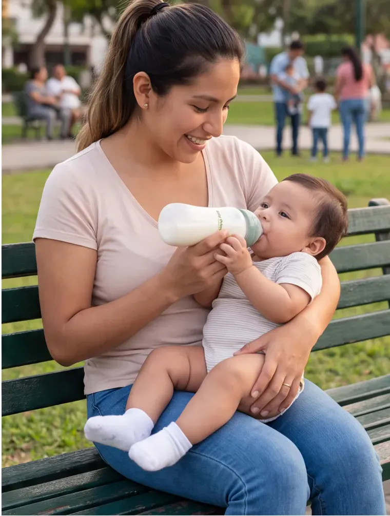 Mamá dando el biberón a su bebé en una banca del parque